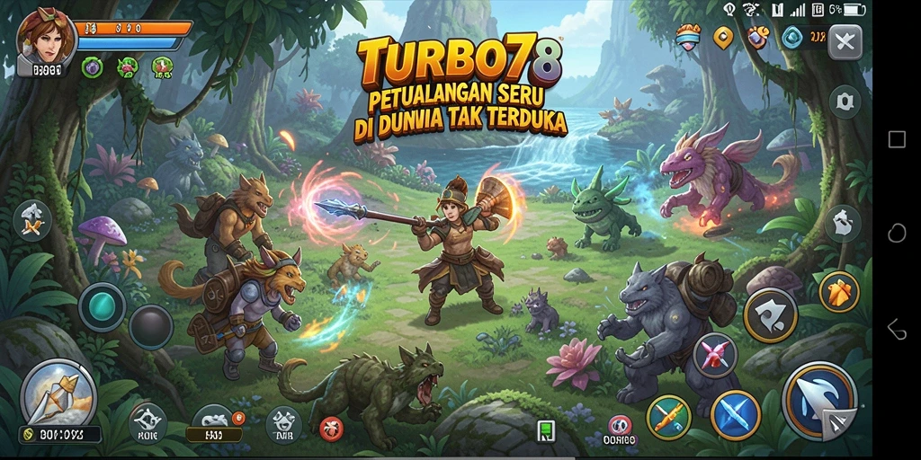 Screenshot utama TURBO78 menampilkan karakter utama di hutan yang misterius.
